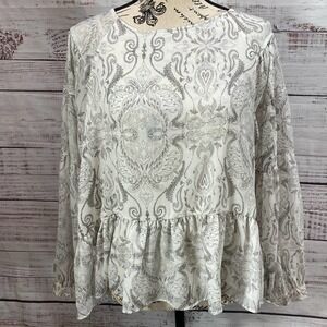 GENTLE FAWN WHITE PRINTED SIZE SMALL SHEER LONG SLEEVE BLOUSE